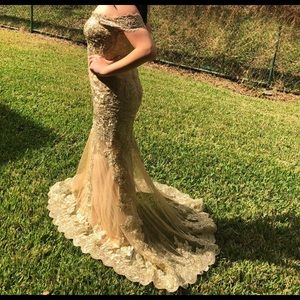 Gold Lace Off the Shoulder Evening Gown